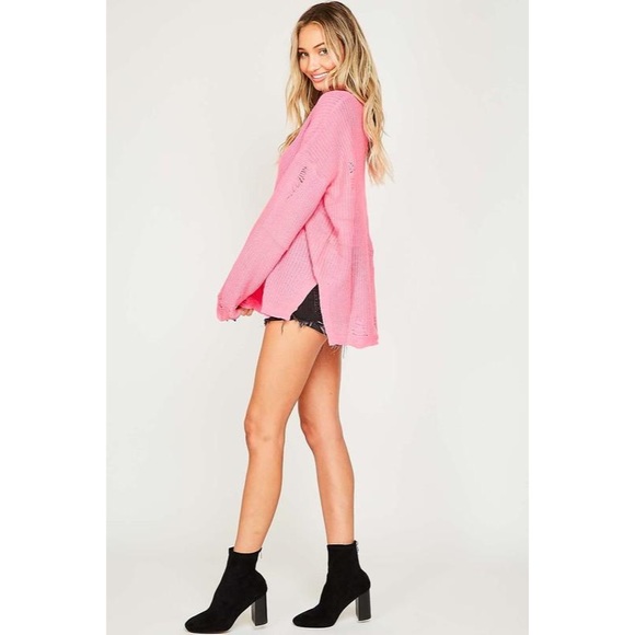 Neon Pink Distressed V-Neck Sweater NWT - Picture 2 of 8